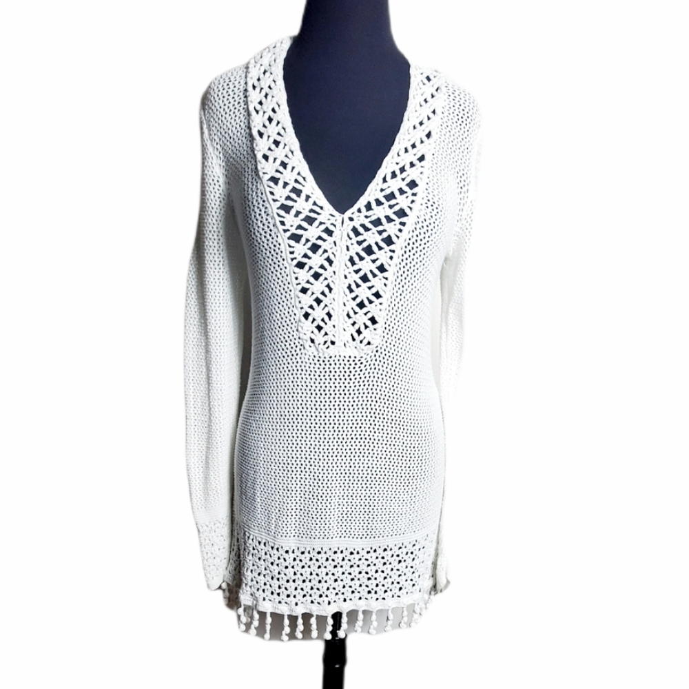 Lilly Pulitzer Frieda white crochet tunic sweater cover up women's size medium - Picture 1 of 9